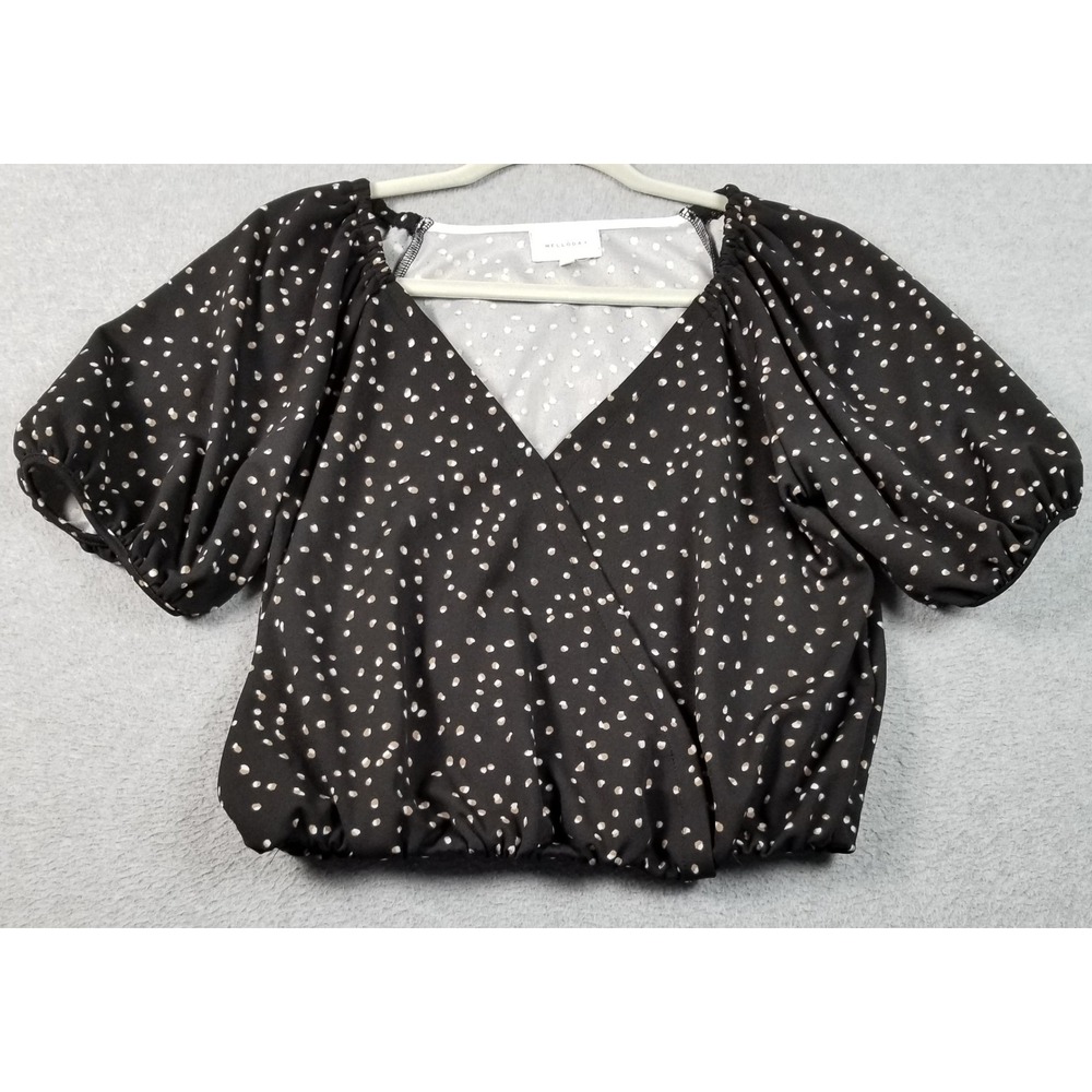 Melloday Crop Blouse Women's S‎ Small Black Brown White Dots Elastic Hem Stretch